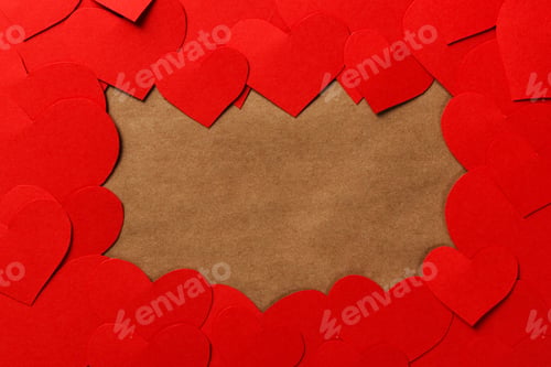 Preview: Valentine Day Background. Red paper hearts on black wooden desk with copyspace