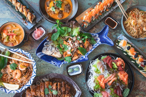 Preview: Varied Asian food. Famous Asian cuisine dishes on the table. The concept of a Thai restaurant
