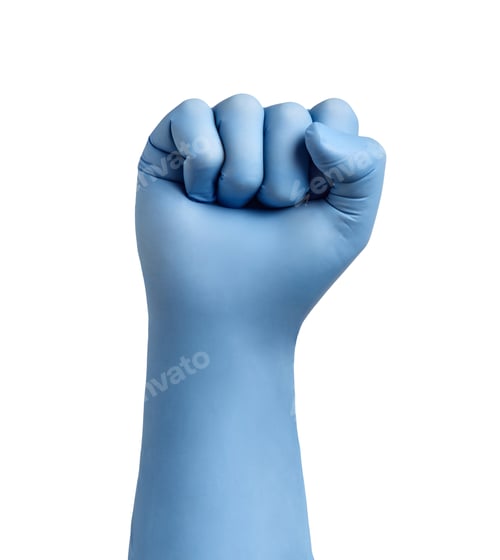 Preview: Blue gloved fist raised on white background