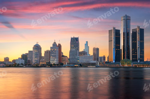 Preview: Detroit, Michigan, USA skyline at dawn on the Detroit River