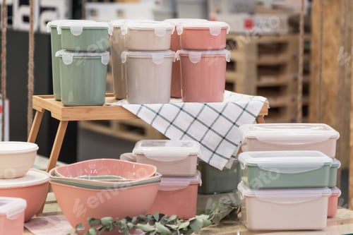 Preview: Assortment various plastic containers for food, freezing products and storage in the refrigerator