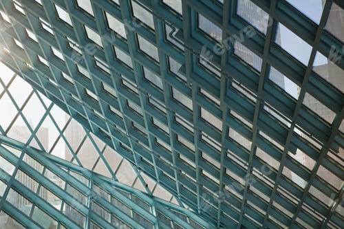 Preview: Grid of building walls and window panes and building roof, view from below
