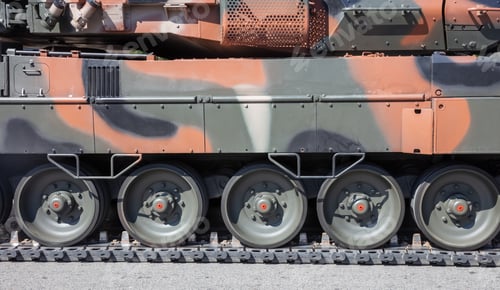 Preview: Military parade. Armored vehicle camouflage color, close up view. Army weapon for war and defense