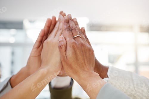 Preview: Business people, hands together and high five, support with team solidarity and motivation in offic