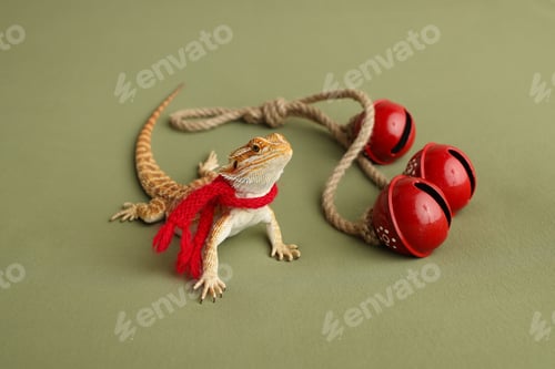 Preview: Bearded dragon, Red New Year's scarf. New Year card. New Year's red three bells