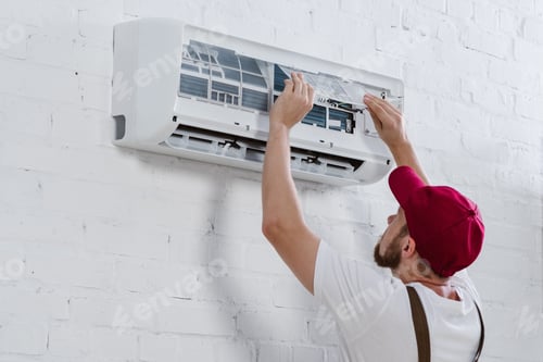 Preview: young repairman changing filter for air conditioner hanging on white brick wall