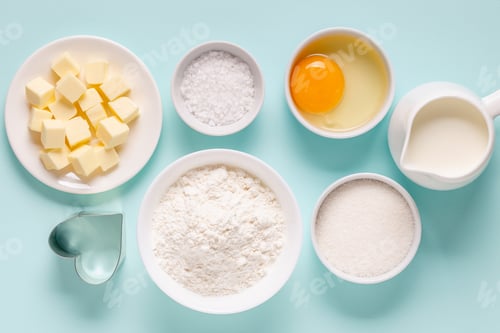 Preview: Baking or cooking background. Ingredients, kitchen items for baking.