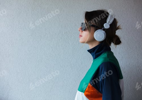 Preview: Young woman in 90s style clothes with headphones