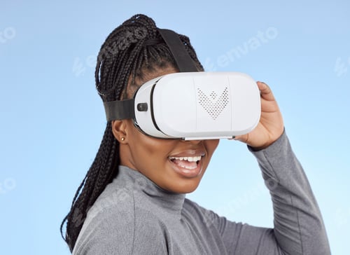 Preview: Vr, gaming and wow with black woman and metaverse for future, cyber and 3d system. Media, ui and we