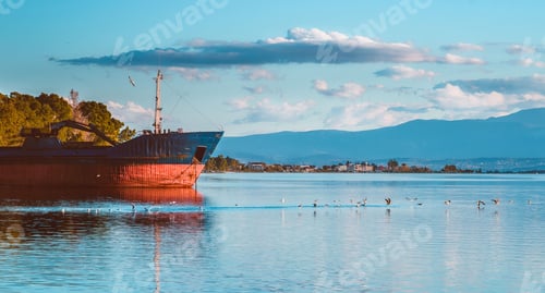 Preview: Scenic shot of a lake with an abandoned ship on it, while birds fly over the lake on a sunny day