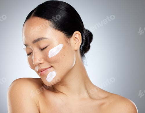 Preview: Skincare, face cream and dermatology with woman posing for health, wellness and natural beauty agai