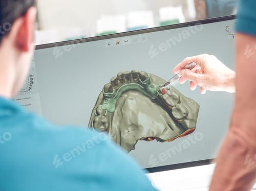 Preview: Dentist pointing at monitor with jaw model