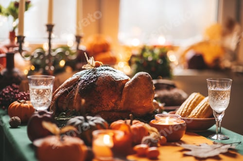 Preview: Thanksgiving holiday dinner table setting with fall decoration and pumpkins