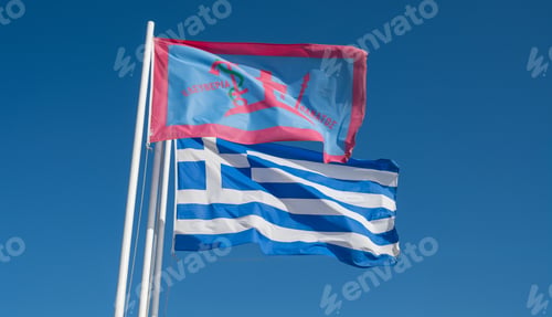 Preview: Greece. Greek flag and the flag of the island of Spetses during the 1821 Greek Revolution waving