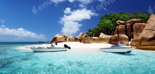 Preview: Speed Boat On The Beach Of Coco Island, Seychelles