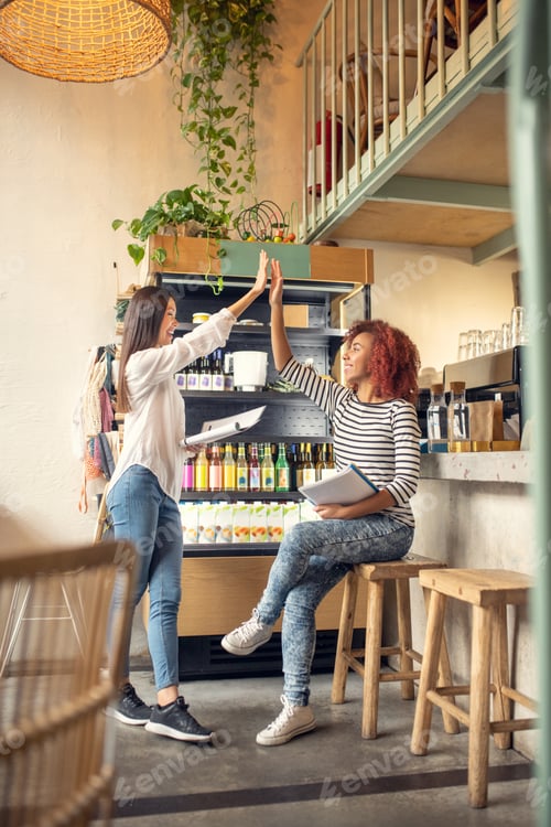 Preview: Young successful businesswomen feeling happy after successful month