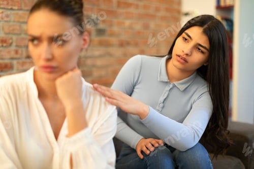 Preview: Offended sad lady ignoring her girlfriend, sitting back to her in living room interior