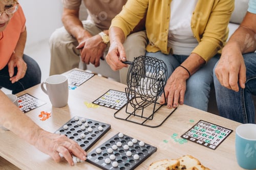 Preview: Group of four cheerful senior people playing bingo game in nursing home
