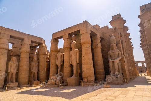 Preview: Sculptures of pharaohs and ancient Egyptian drawings on the columns of the Luxor Temple