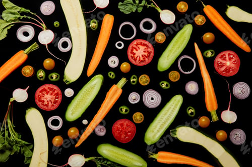 Preview: top view of delicious vegetable pattern background isolated on black