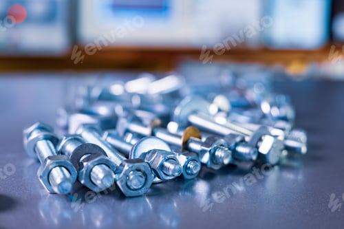 Preview: Metal chrome bolts and nuts in a chaotic order industrial background