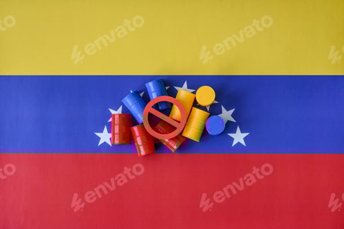 Preview: Oil barrels with prohibition symbol on flag