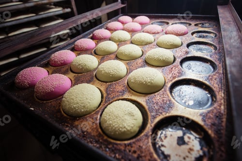 Preview: Multicolored buns for burgers on a baking tray