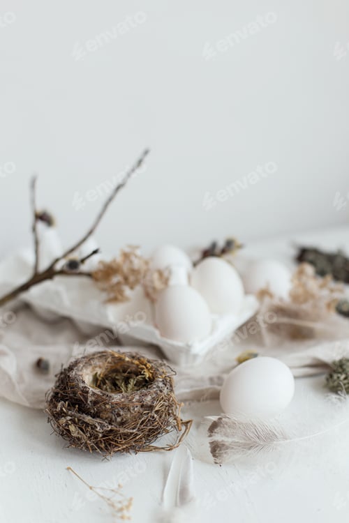 Preview: Easter simple aesthetics. Easter natural eggs, feathers, willow branches, nest on rustic table