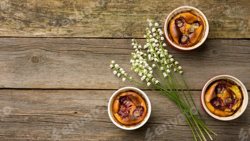 Preview: Cottage cheese dessert baked in portioned round ceramic plates on a wooden table, top view