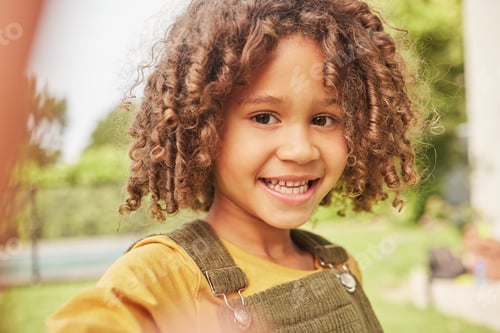 Preview: Selfie, happy and portrait of a child in a park playing on a summer vacation, holiday or adventure.