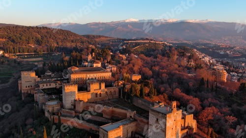 Preview: Bird's-eye view of the Alhambra fortress and palace in Andalusia, Spain captured from above