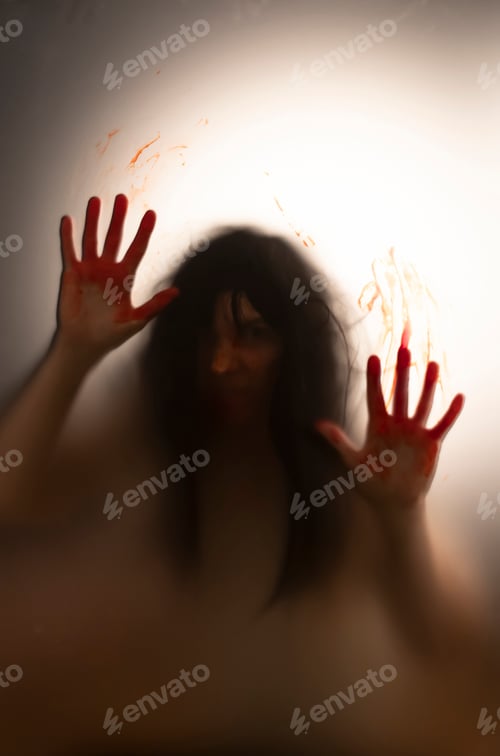 Preview: Shadowy figure with blood behind glass - horror background