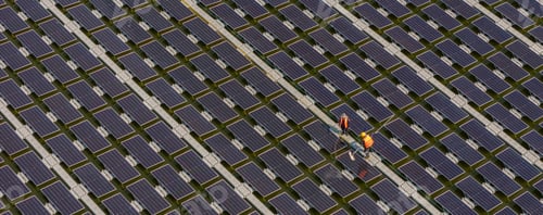 Preview: Worker Cleaning floating solar panels or solar cell Platform system on the lake