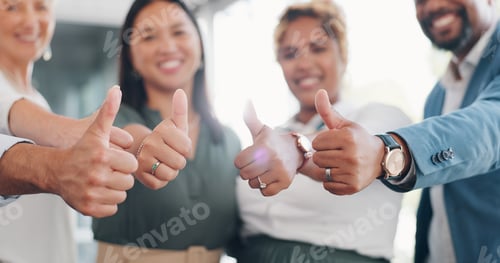 Preview: Business people, hands or thumbs up in office success of marketing ideas, branding innovation targe