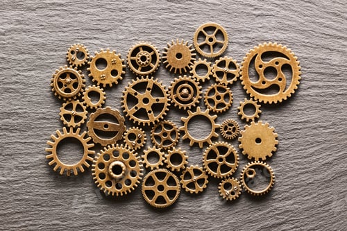 Preview: Various metal cogwheels and gear wheels