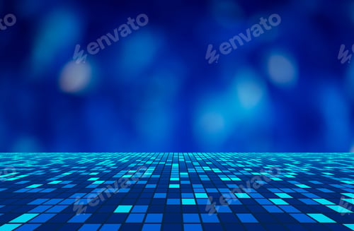 Preview: Virtual cyberspace reality room on blue background with bokeh in technology concept, 3d illustration