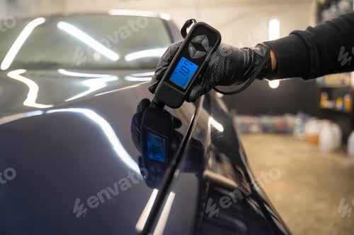 Preview: Detailing worker checks the condition of the paintwork with electronic thickness gauge.