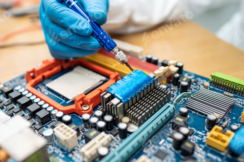 Preview: Technician repairing inside of hard disk by screwdriver. Integrated Circuit.