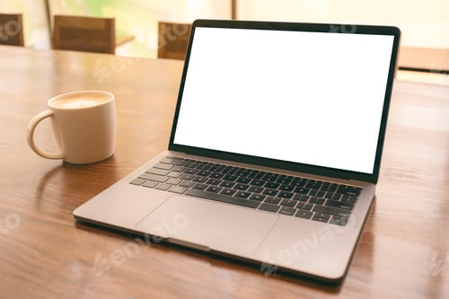 Preview: Mockup image of laptop with blank white desktop screen with coffee cup on wooden table
