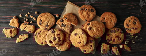 Preview: Freshly Baked Chocolate Chip Cookies on Wooden Background