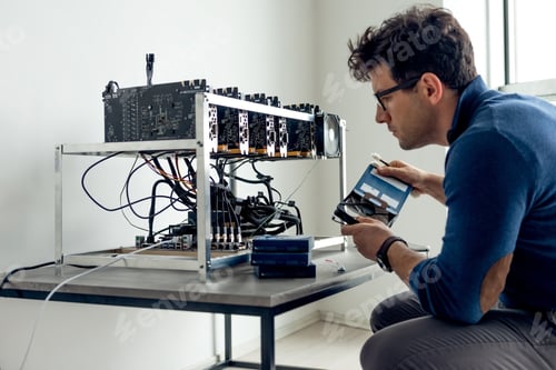 Preview: Men configures computer for mining
