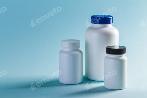 Preview: Bottle for Pills On Blue Background. Medicine Healthcare Pharmacy Concept. Coronavirus.
