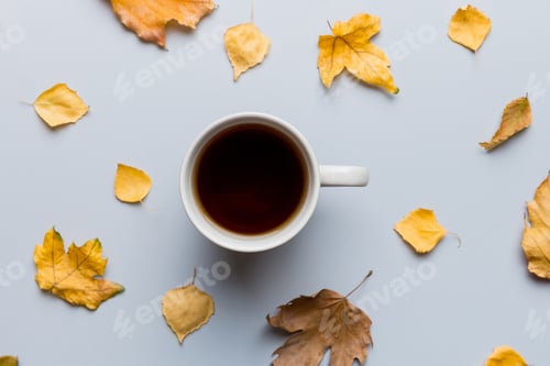 Preview: Flat lay composition with colorful Autumn cup of coffee and leaves on a color background. top view