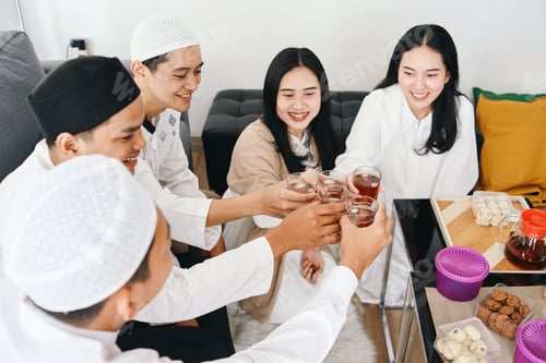 Preview: Group of Muslim Friends Drink Tea Together on Eid Mubarak Moment