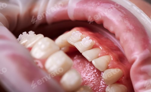 Preview: White orthodontic braces on patient teeth.