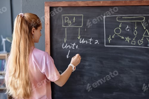 Preview: Back View of Teen Girl with Long Hair Drawing IT Scheme on Blackboard