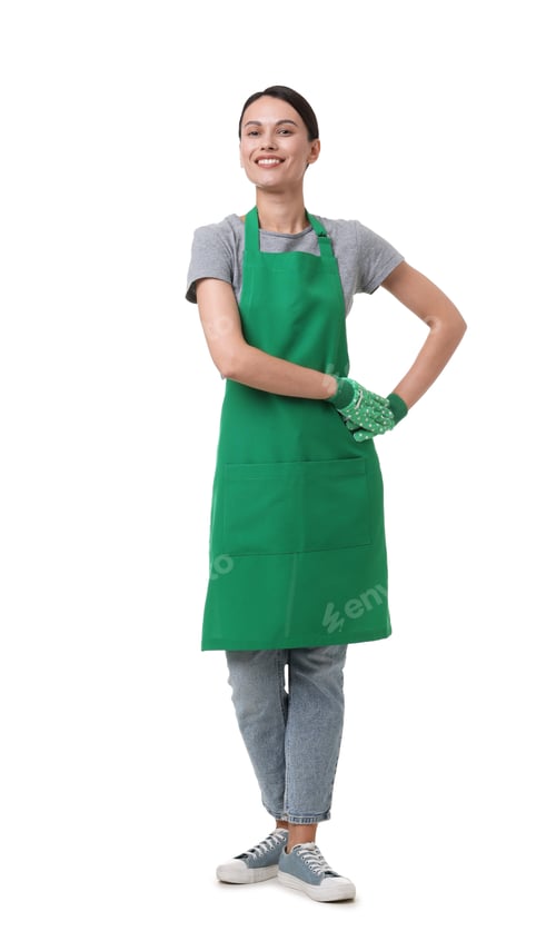 Preview: Gardener in apron and gloves on white background