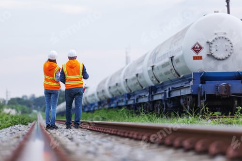 Preview: Two railway workers in orange safety vests and helmets walk beside a long freight train