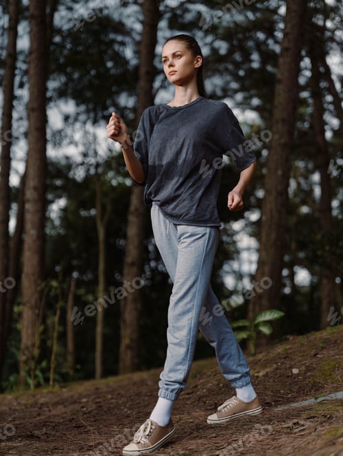 Preview: Athletic young woman jogging in casual sportswear through a serene forest, enjoying nature and