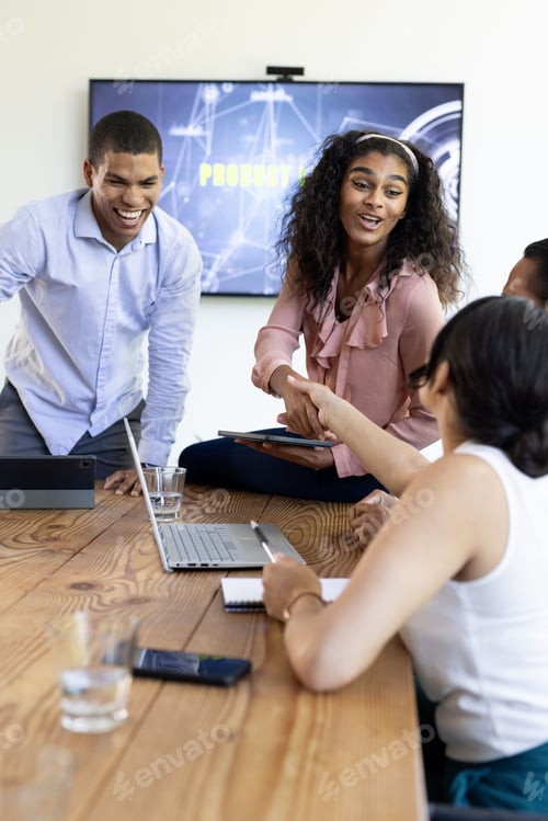 Preview: Shaking hands with colleague, African American woman in business meeting at office